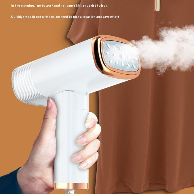 Handheld steamer emitting steam with a brown shirt in the background